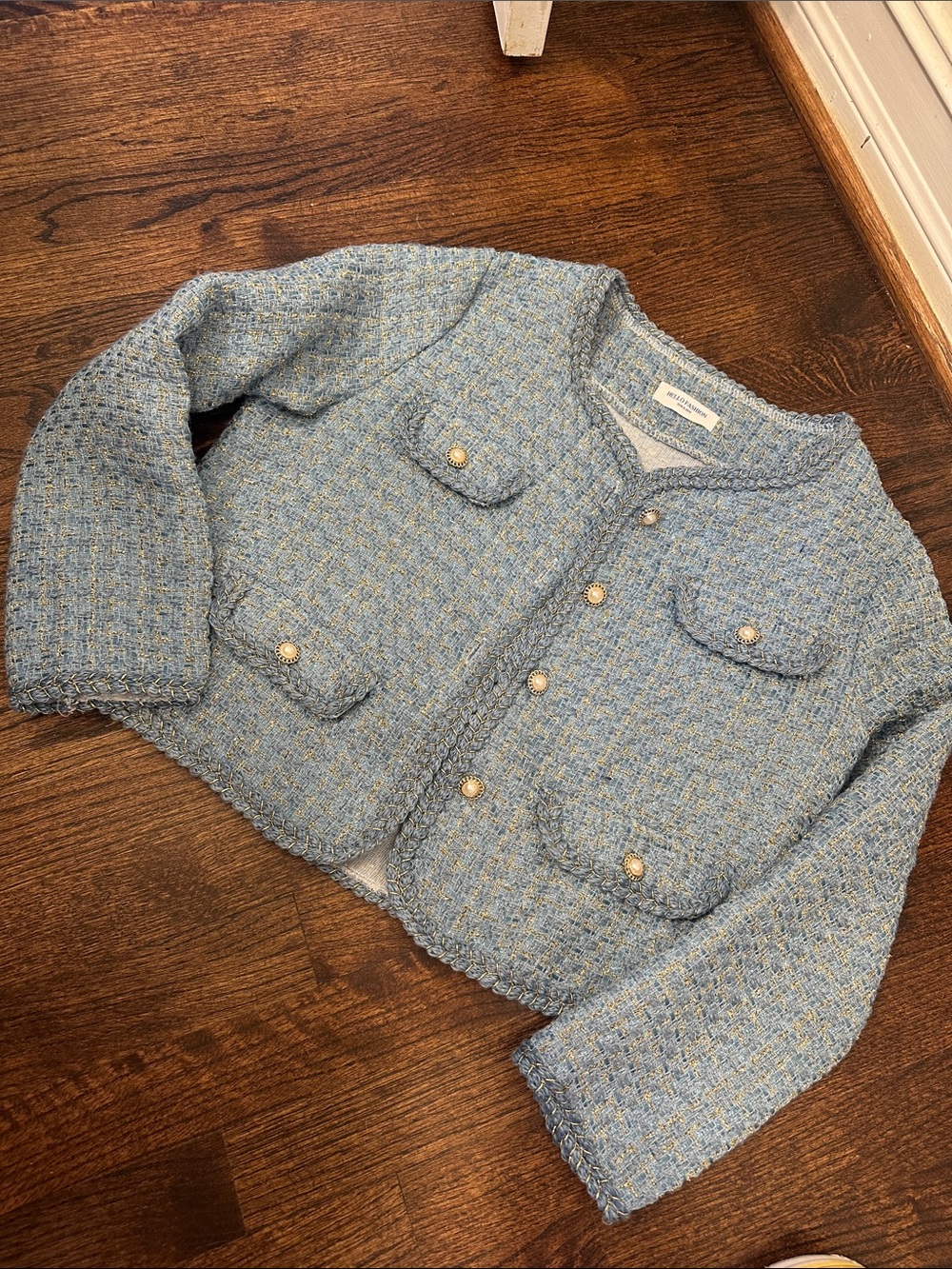 Chanel style Light Blue Tweed Pearl-Button Jacket 4-6